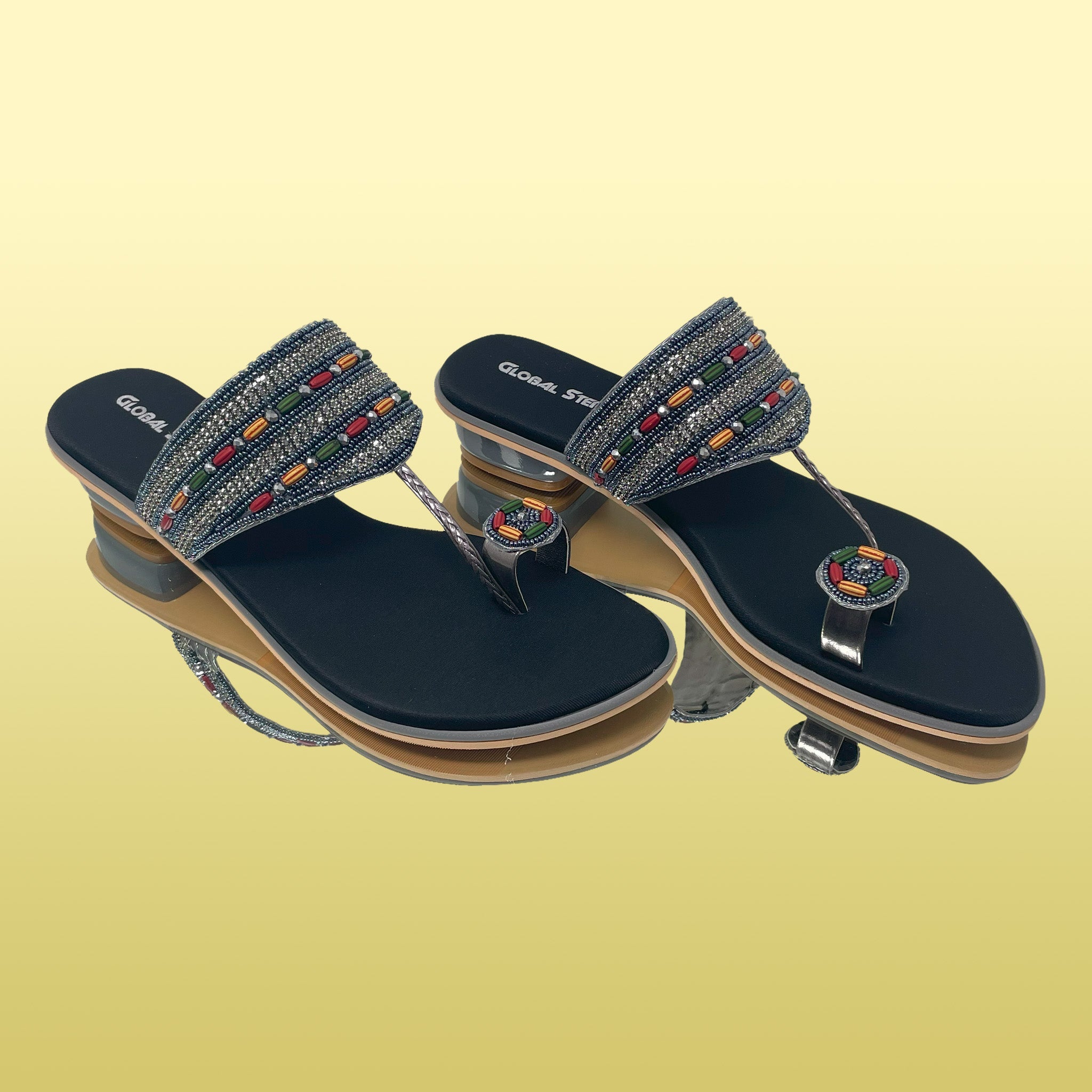 Black Zari Embellished Toe-ring Heels - GlobalStep - Heels - 36