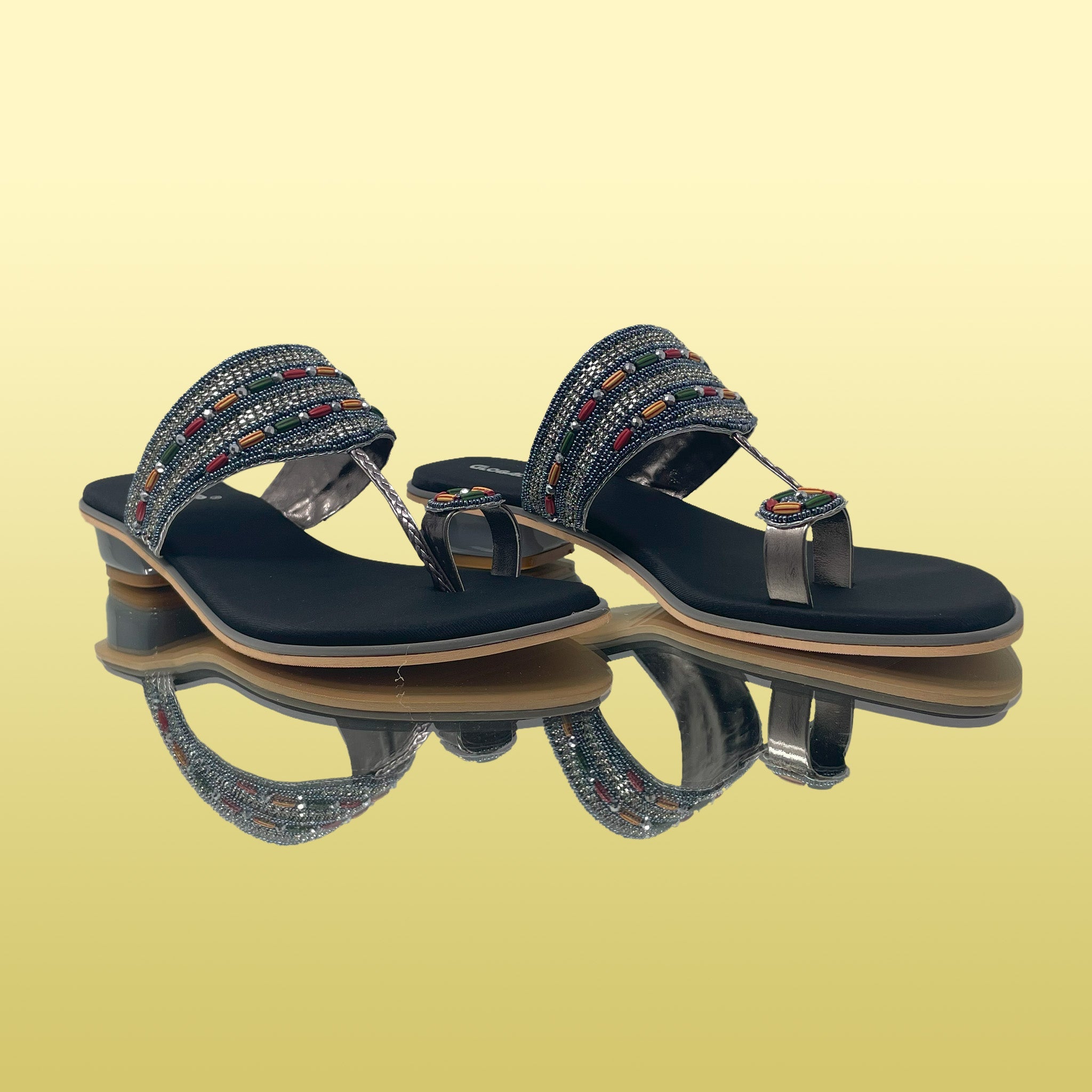 Black Zari Embellished Toe-ring Heels - GlobalStep - Heels - 36