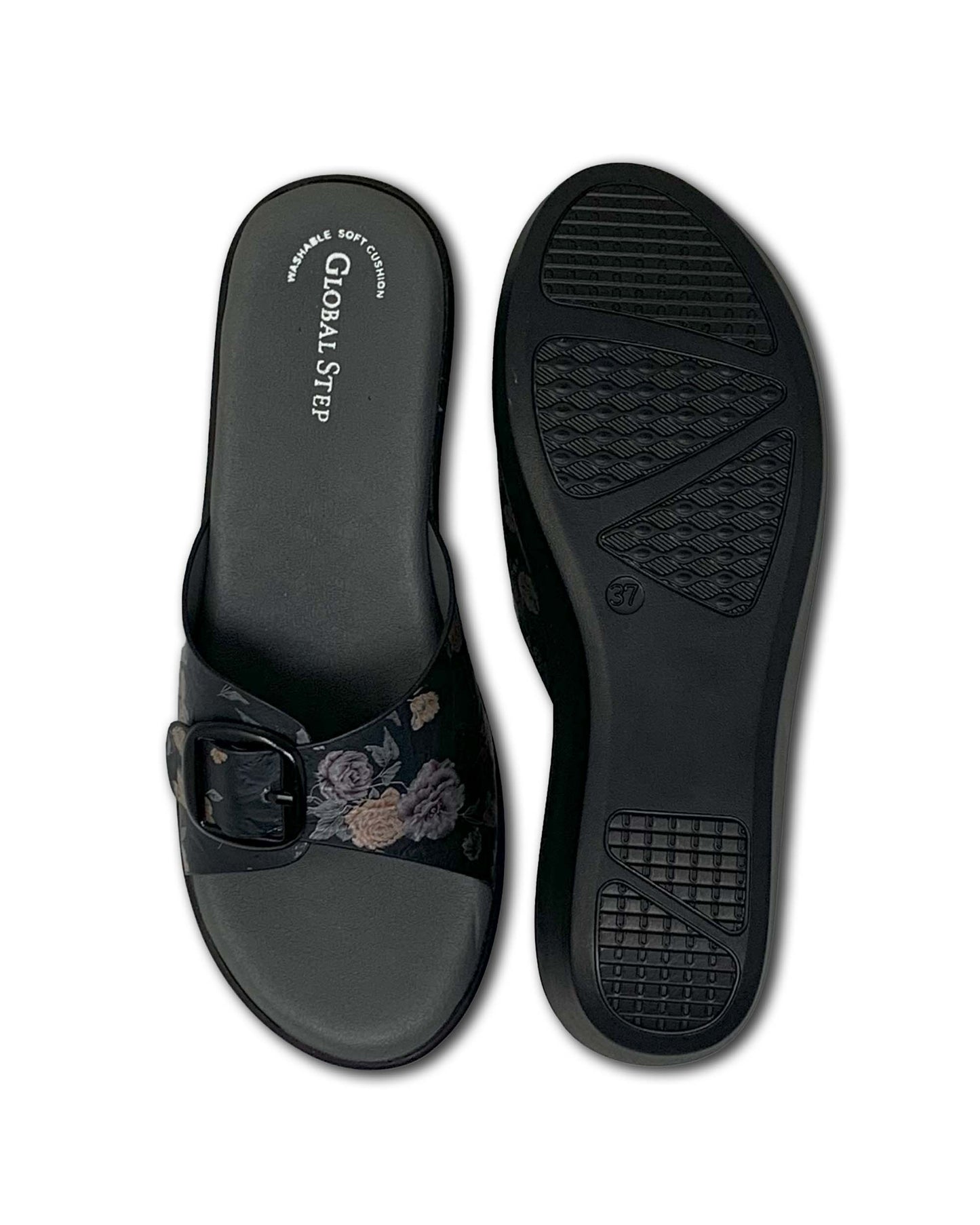 Black Floral Comfort Wedge Sandals