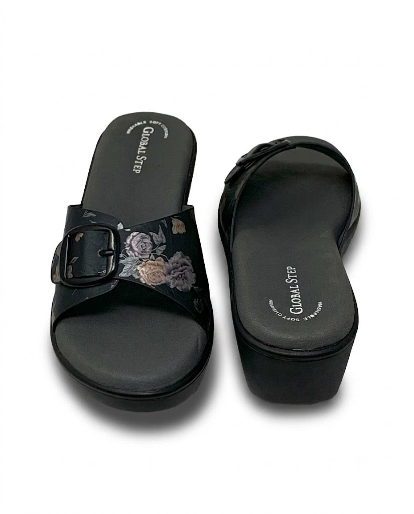 Black Floral Comfort Wedge Sandals