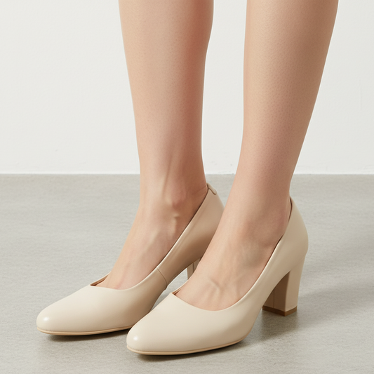 Cream Block Heel Pumps
