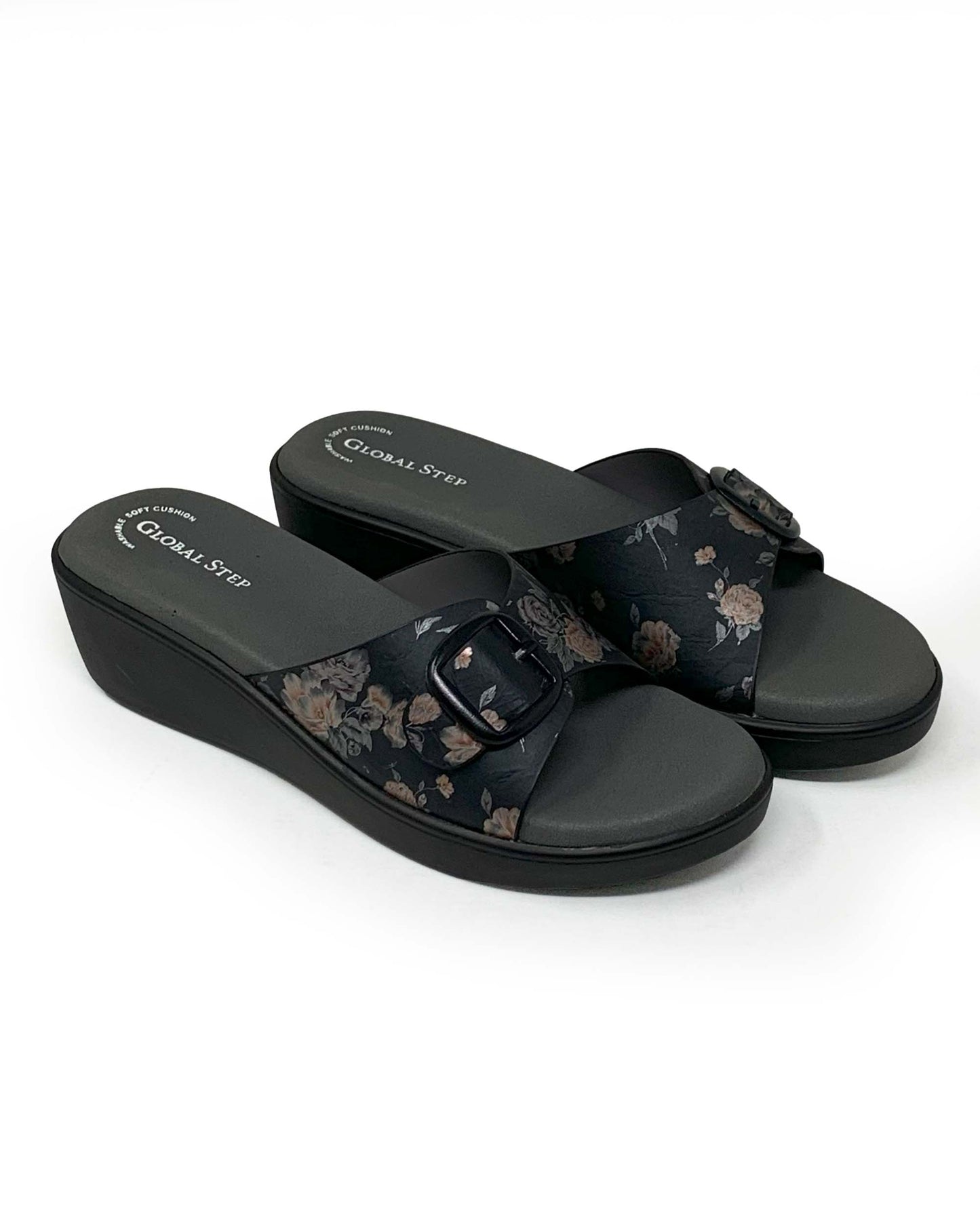Black Floral Comfort Wedge Sandals