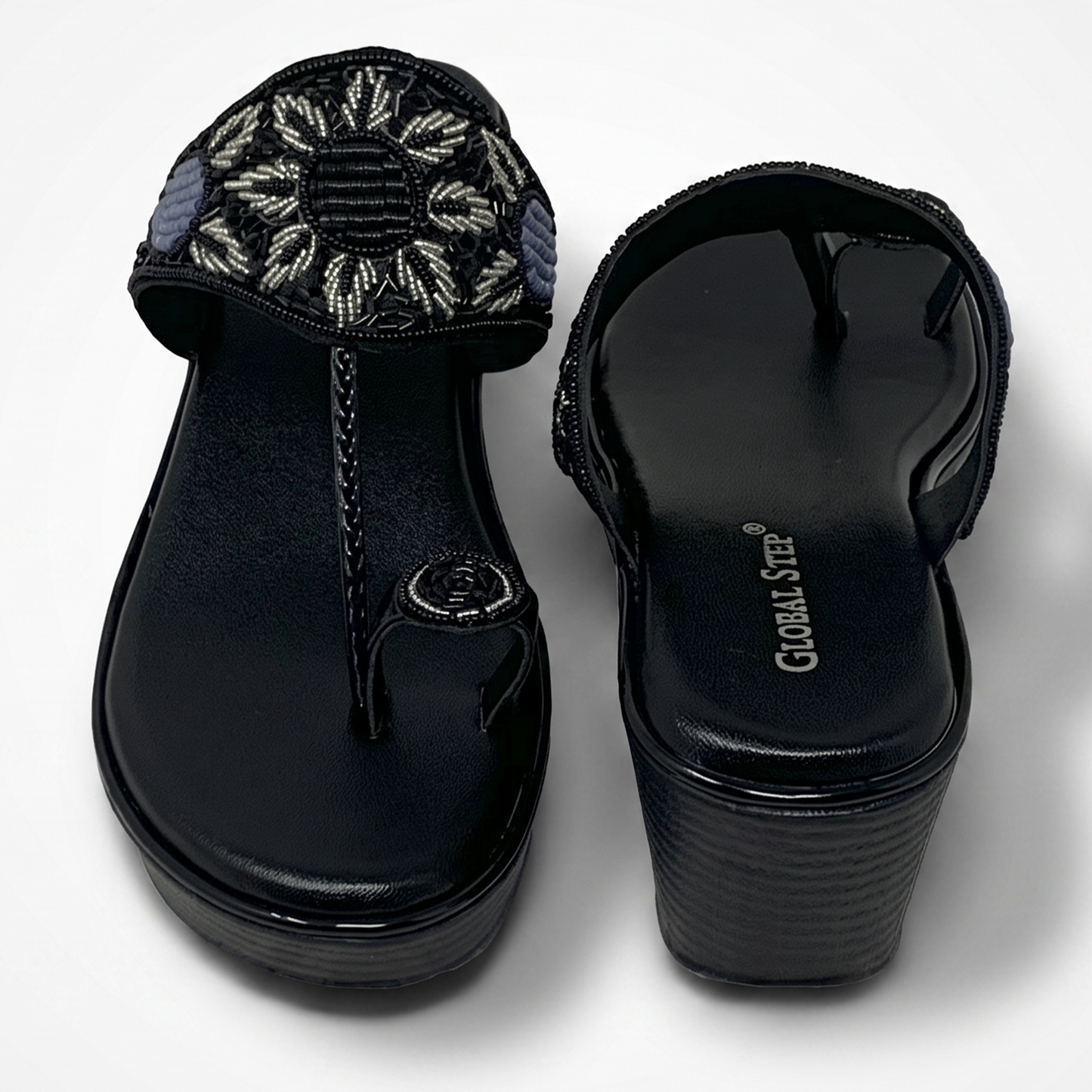 Black Embroidered Wedge Sandals