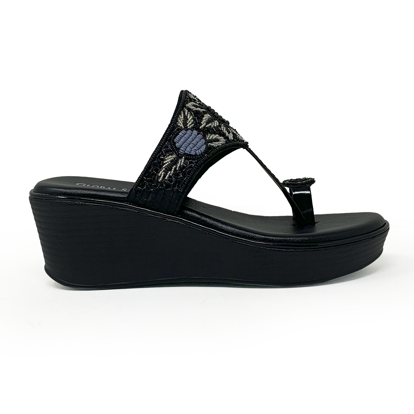 Black Embroidered Wedge Sandals