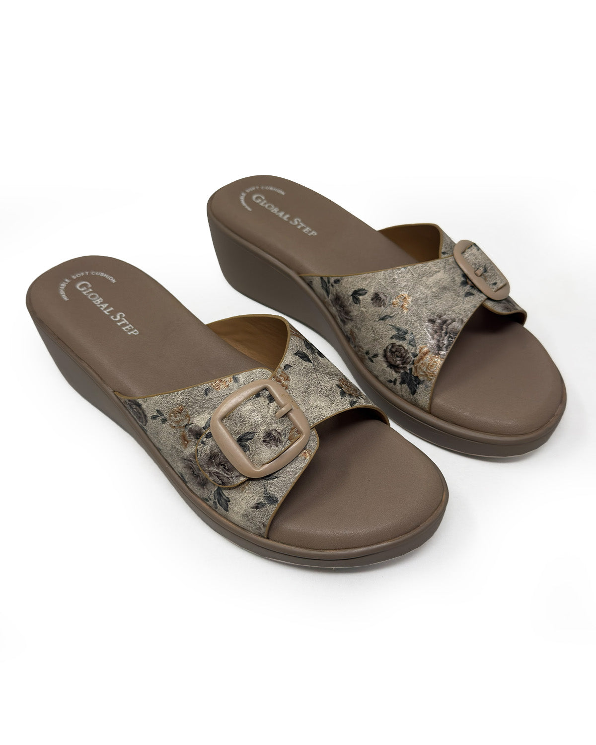 Beige Floral Comfort Wedge Sandals