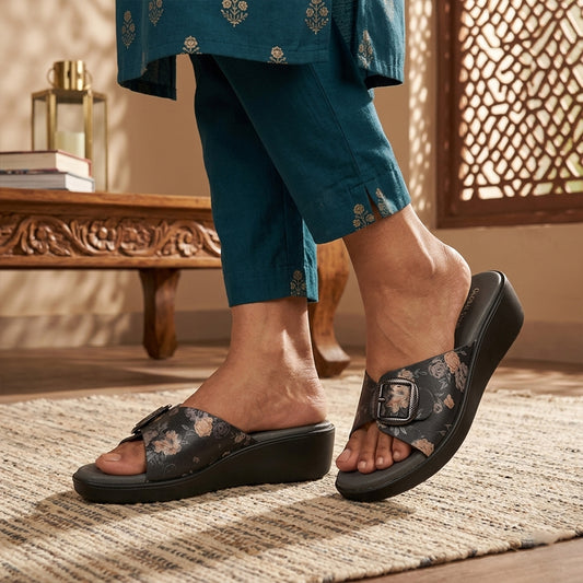 Black Floral Comfort Wedge Sandals