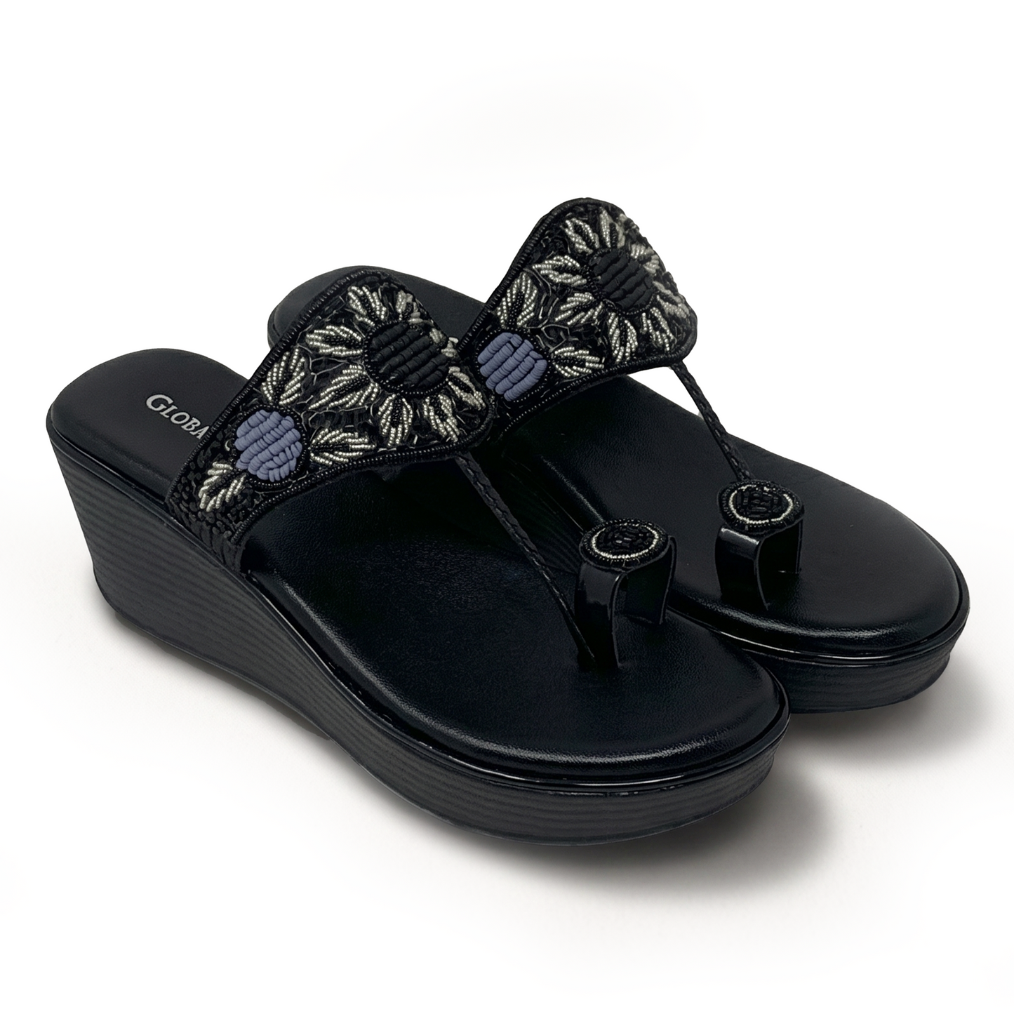 Black Embroidered Wedge Sandals