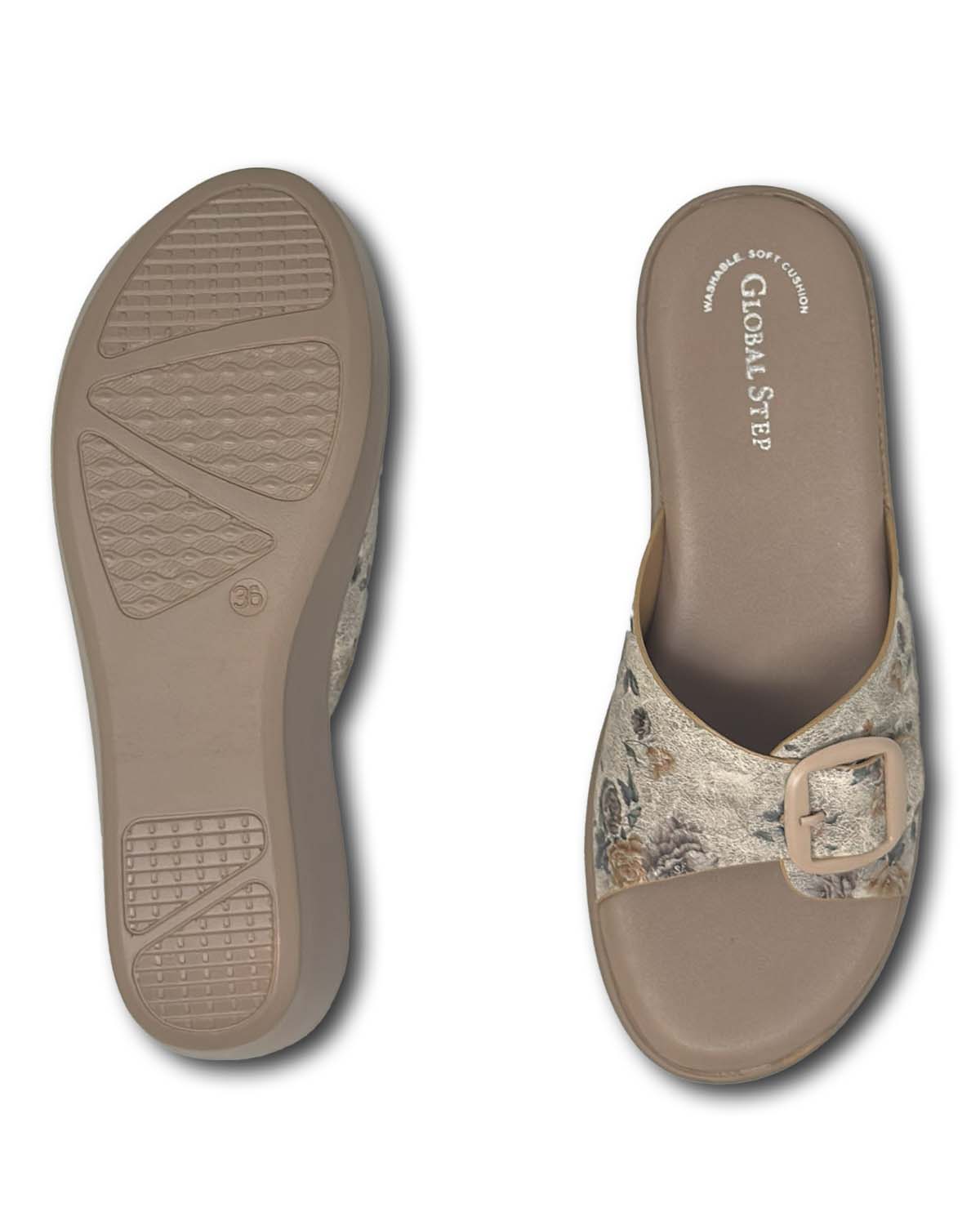 Beige Floral Comfort Wedge Sandals