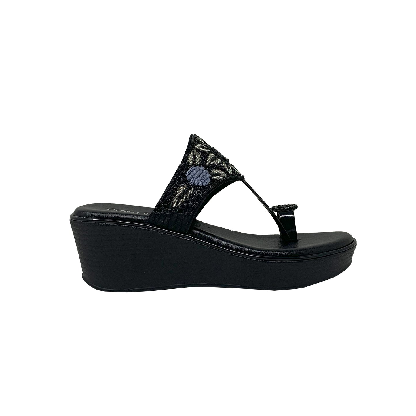 Black Embroidered Wedge Sandals