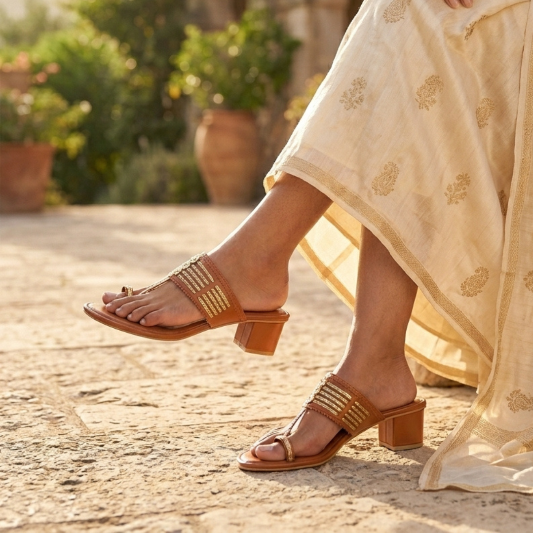 Blush Gold Kolhapuri Block Heels