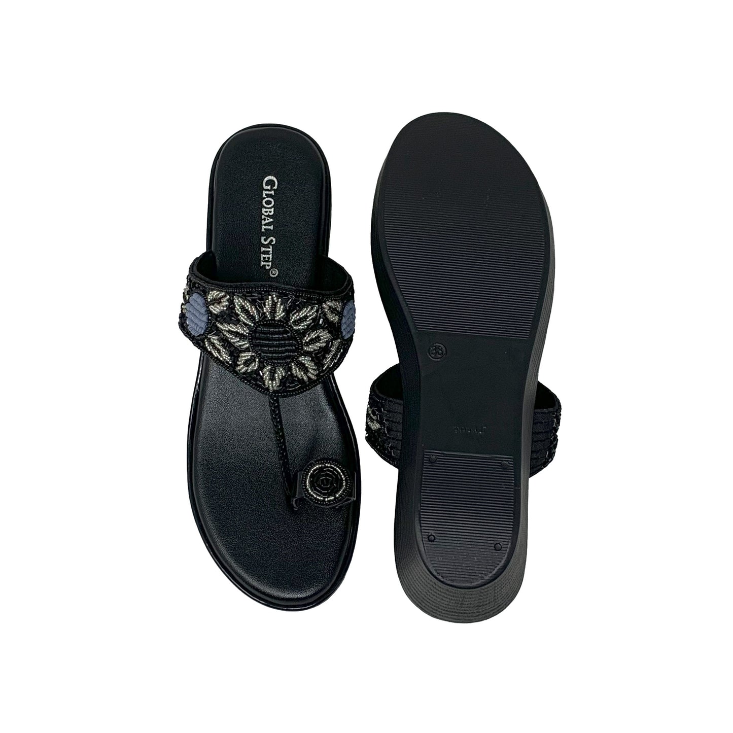 Black Embroidered Wedge Sandals - GlobalStep - shoes - 36