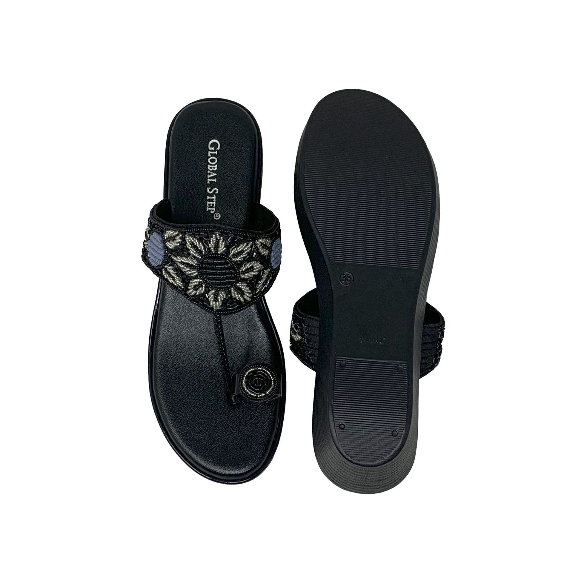 Black Embroidered Wedge Sandals - GlobalStep - shoes - 36