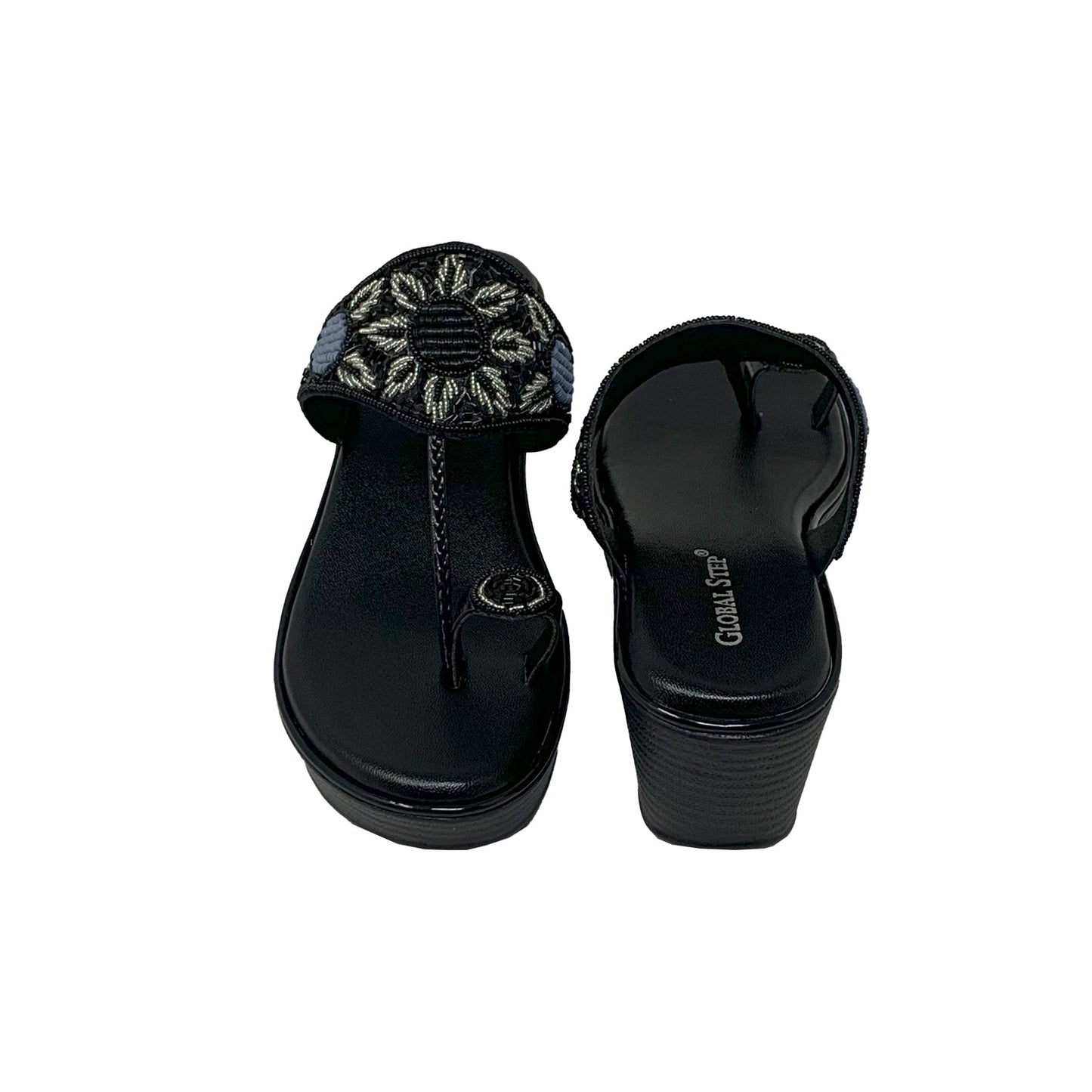 Black Embroidered Wedge Sandals - GlobalStep - shoes - 36