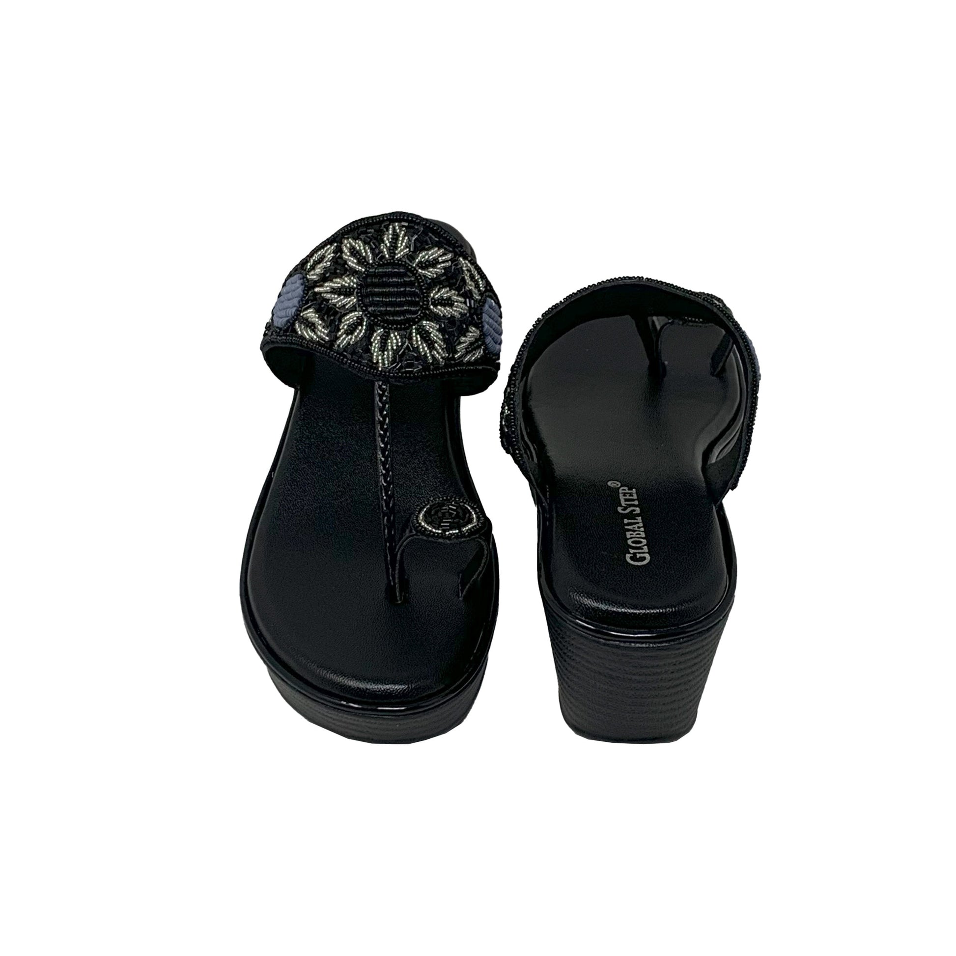 Black Embroidered Wedge Sandals - GlobalStep - shoes - 36