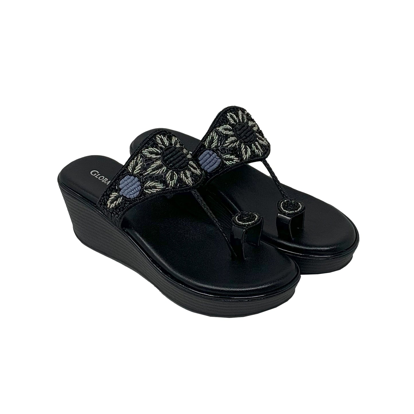 Black Embroidered Wedge Sandals - GlobalStep - shoes - 36