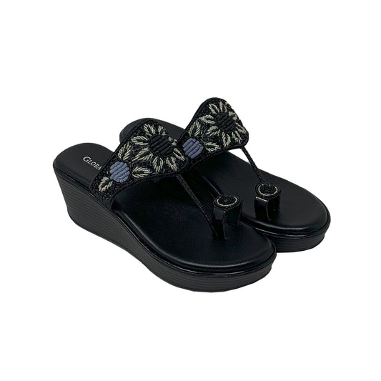 Black Embroidered Wedge Sandals - GlobalStep - shoes - 36