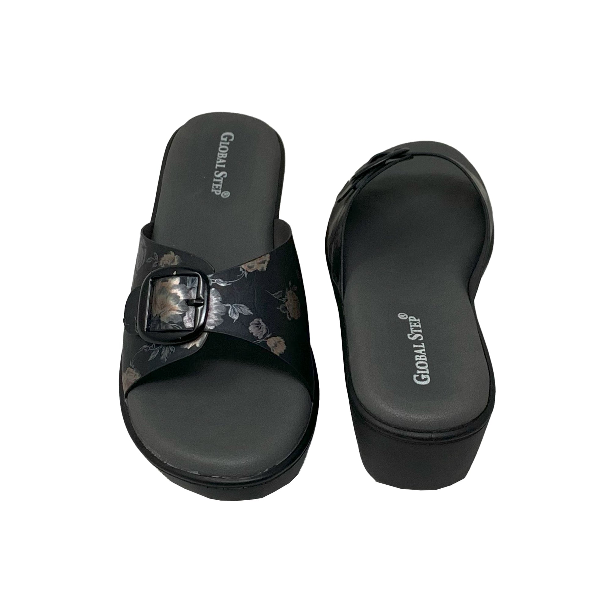 Black Floral Comfort Wedge Sandals - GlobalStep - shoes - 36