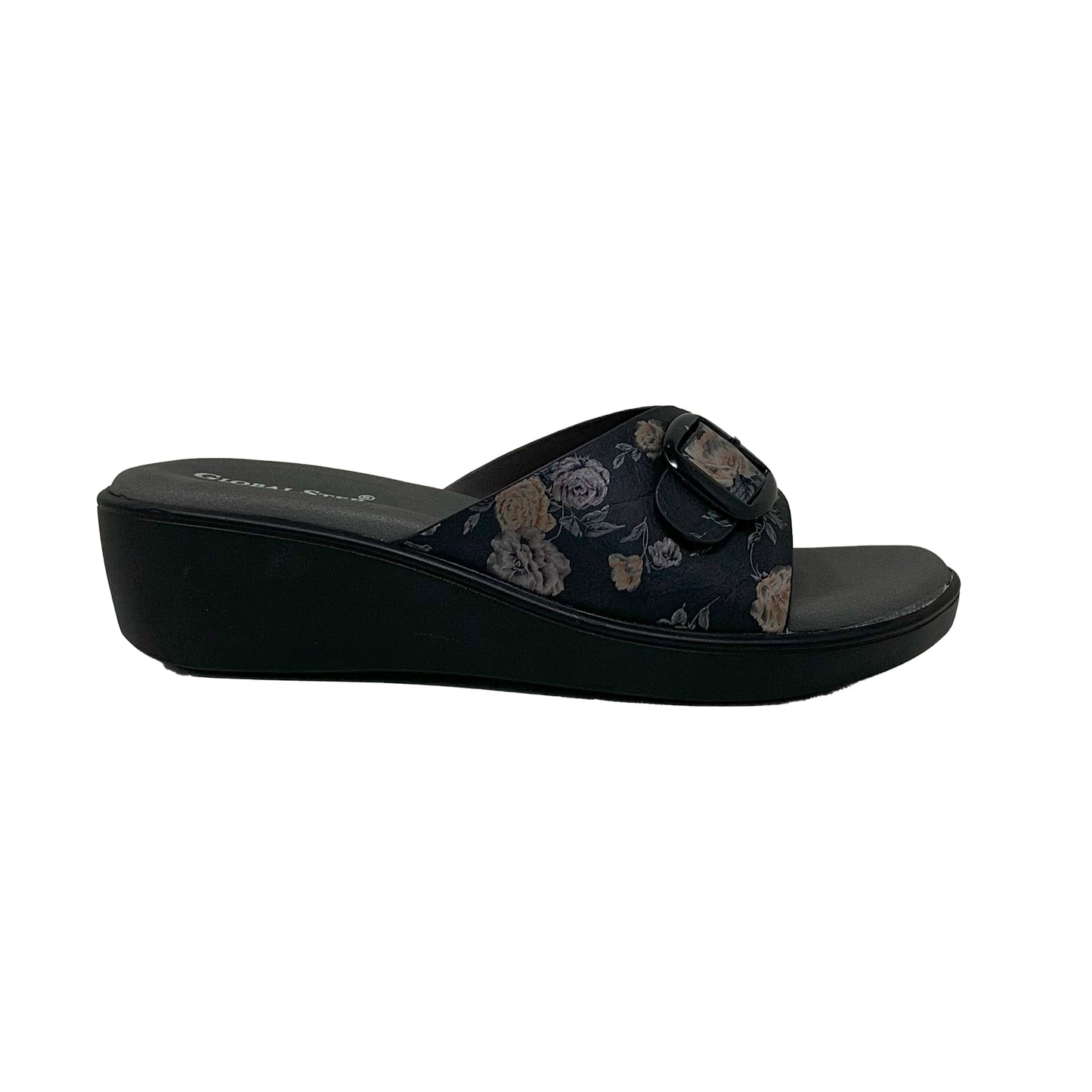 Black Floral Comfort Wedge Sandals - GlobalStep - shoes - 36