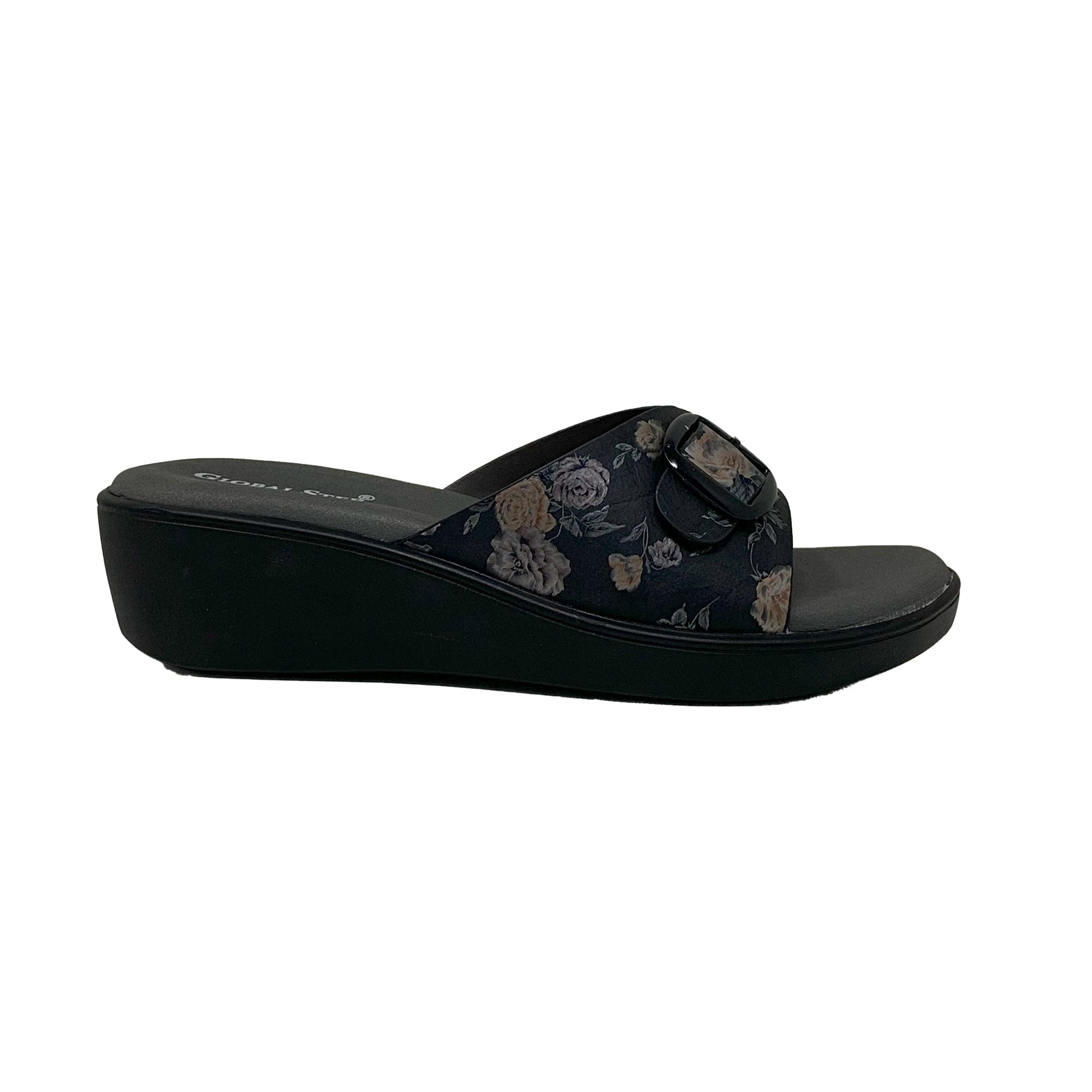 Black Floral Comfort Wedge Sandals - GlobalStep - shoes - 36