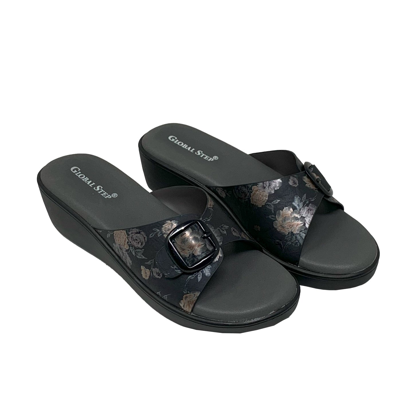 Black Floral Comfort Wedge Sandals - GlobalStep - shoes - 36