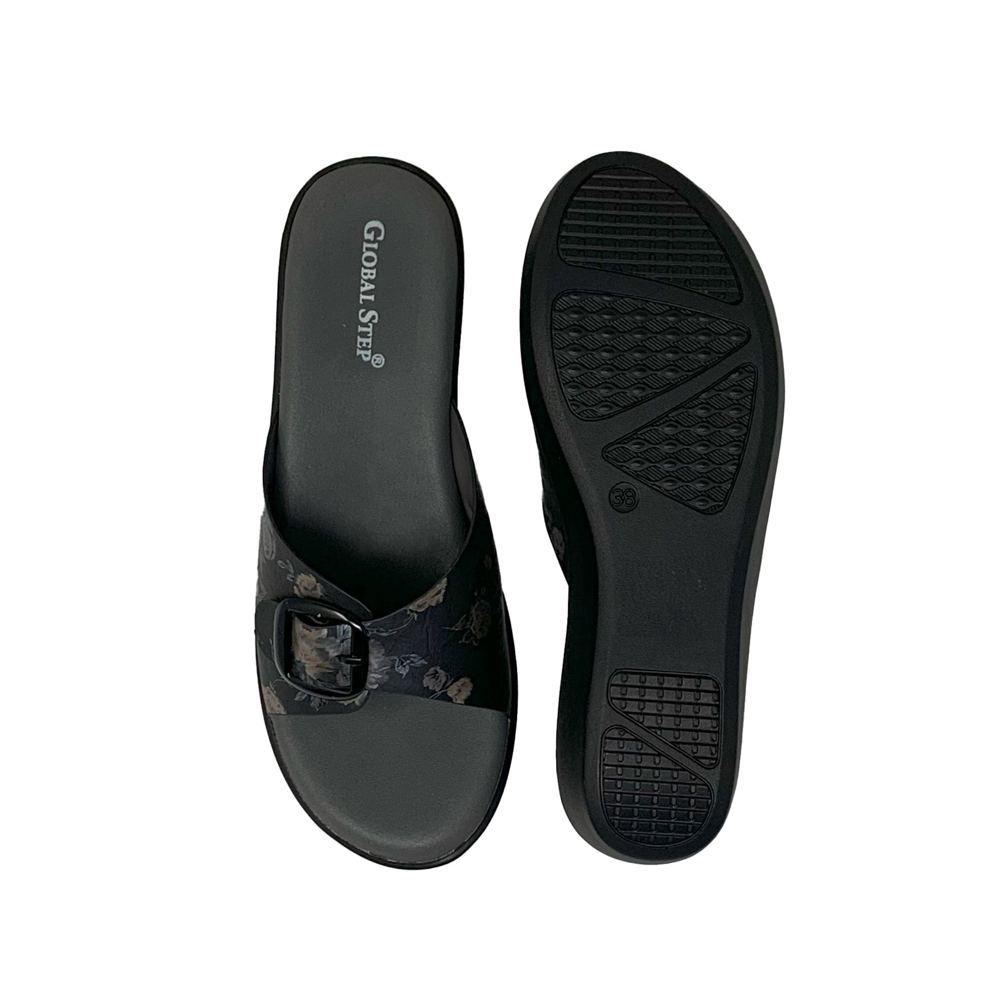 Black Floral Comfort Wedge Sandals - GlobalStep - shoes - 36