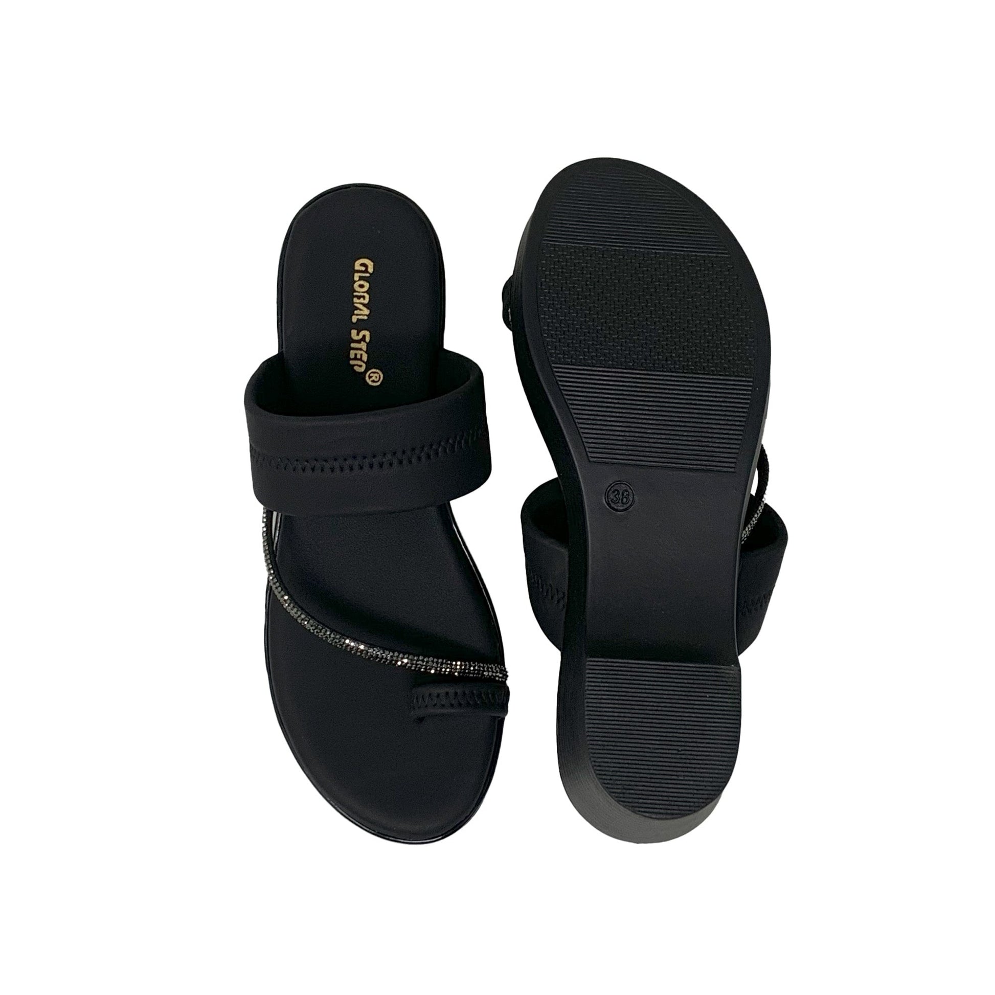 Black Sparkle Wedge Toe‑Loop Sandals - GlobalStep - shoes - 36