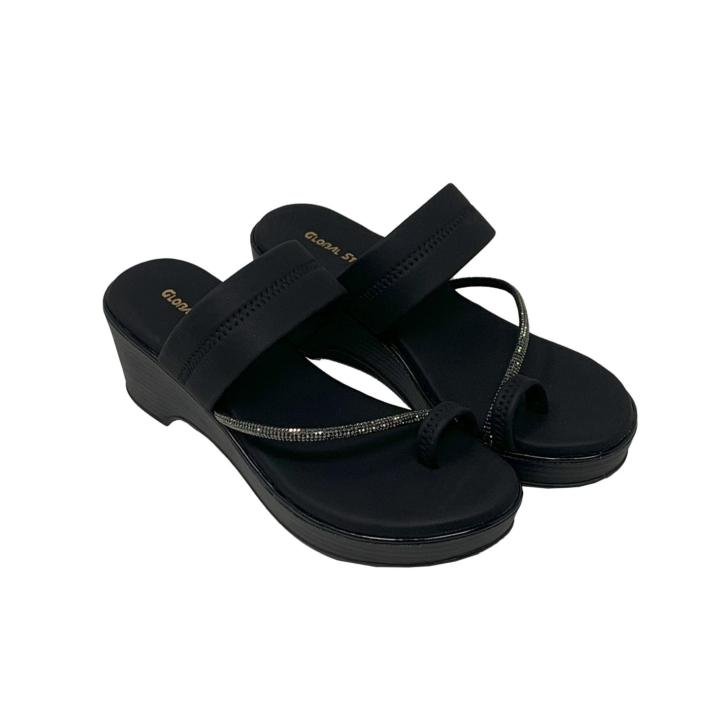 Black Sparkle Wedge Toe‑Loop Sandals - GlobalStep - shoes - 36
