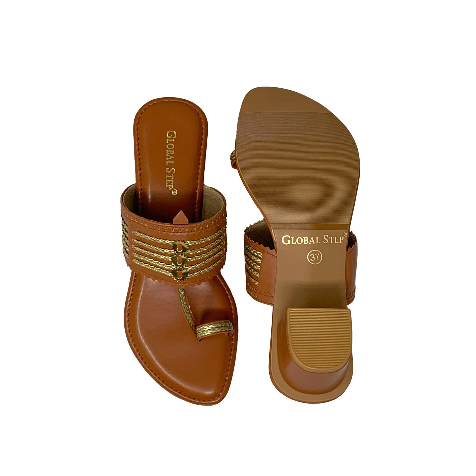 Blush Gold Kolhapuri Block Heels - GlobalStep - shoes - 36