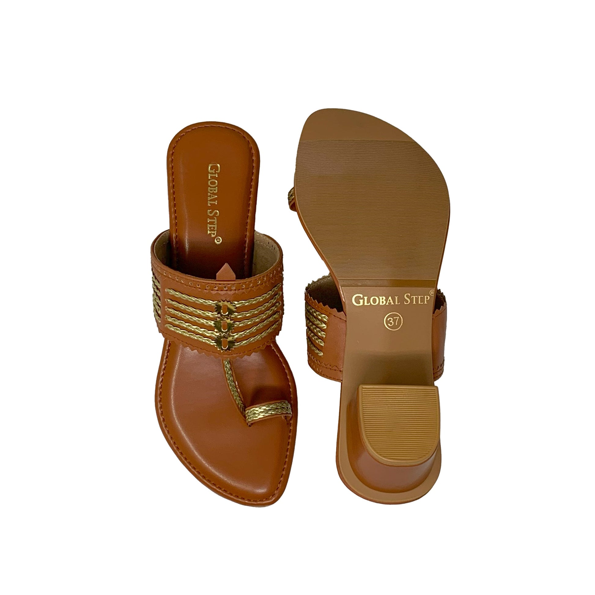 Blush Gold Kolhapuri Block Heels - GlobalStep - shoes - 36