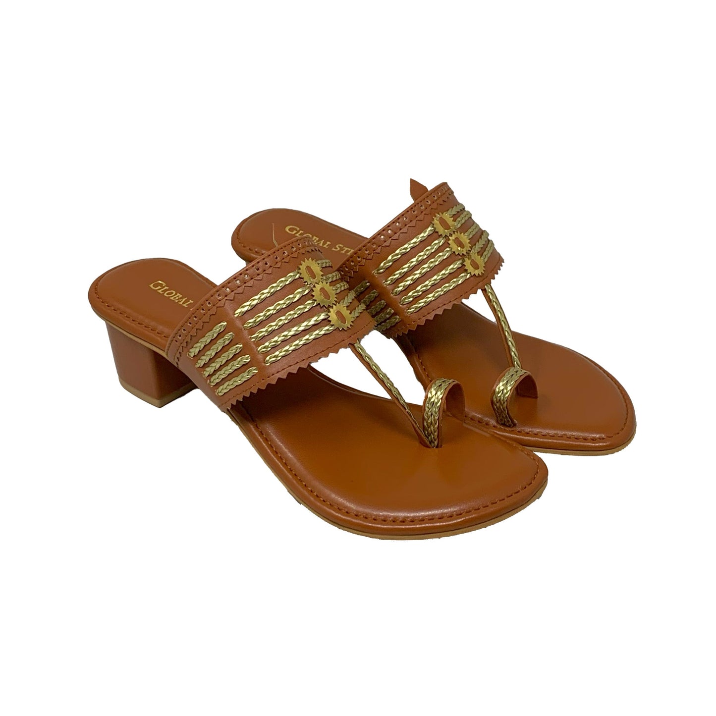 Blush Gold Kolhapuri Block Heels - GlobalStep - shoes - 36
