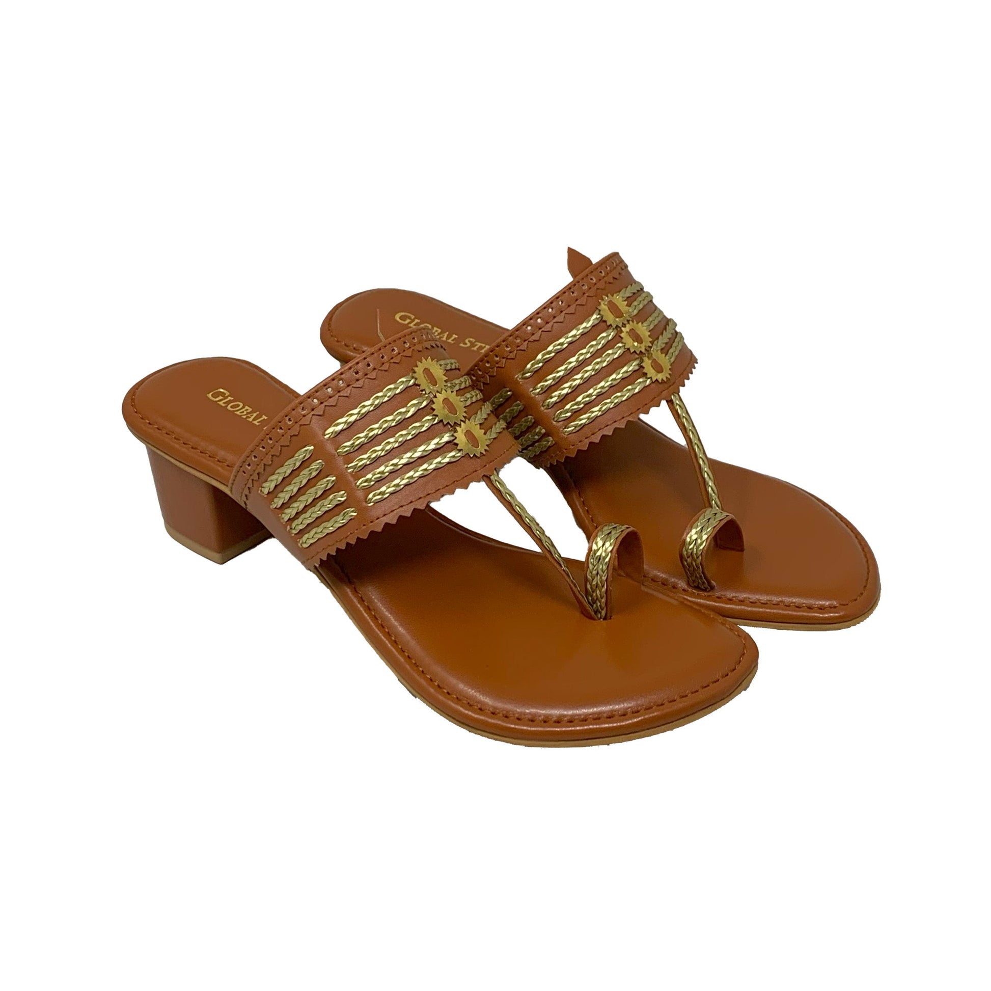 Blush Gold Kolhapuri Block Heels - GlobalStep - shoes - 36