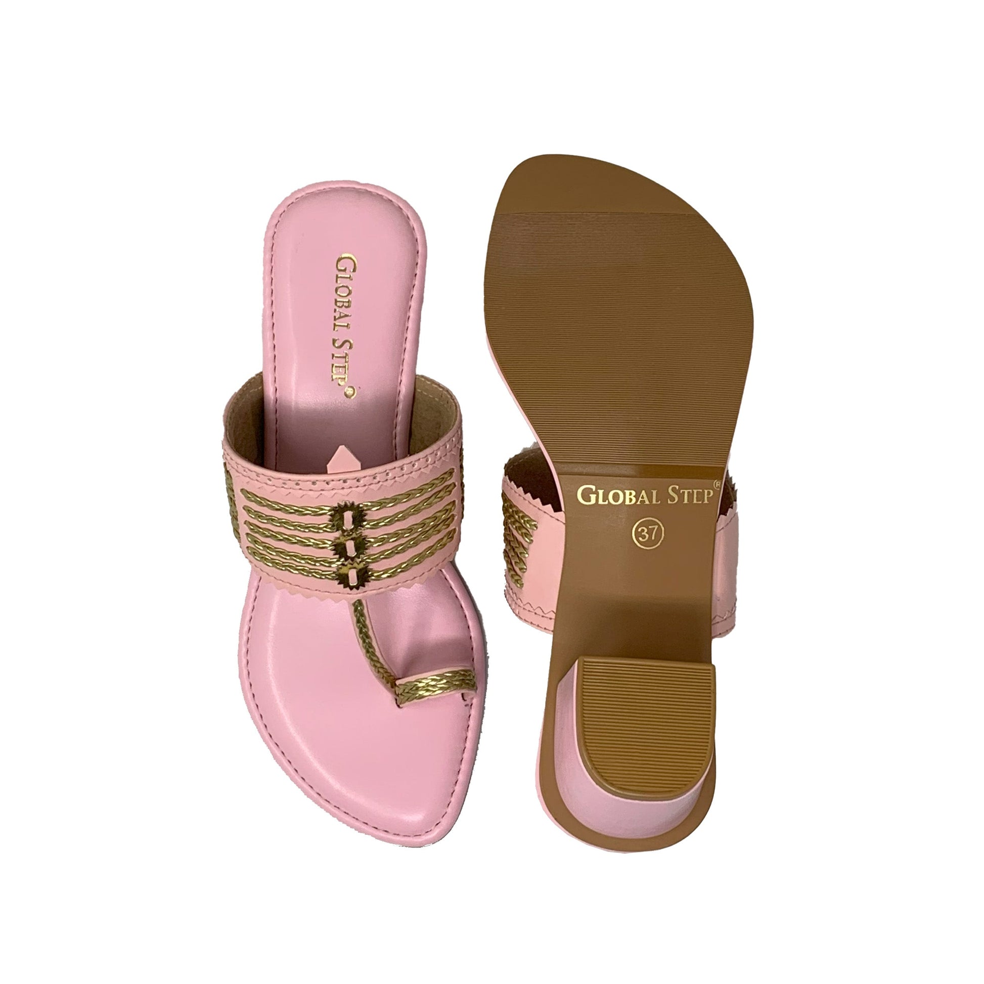 Blush Gold Kolhapuri Block Heels - GlobalStep - shoes - 36