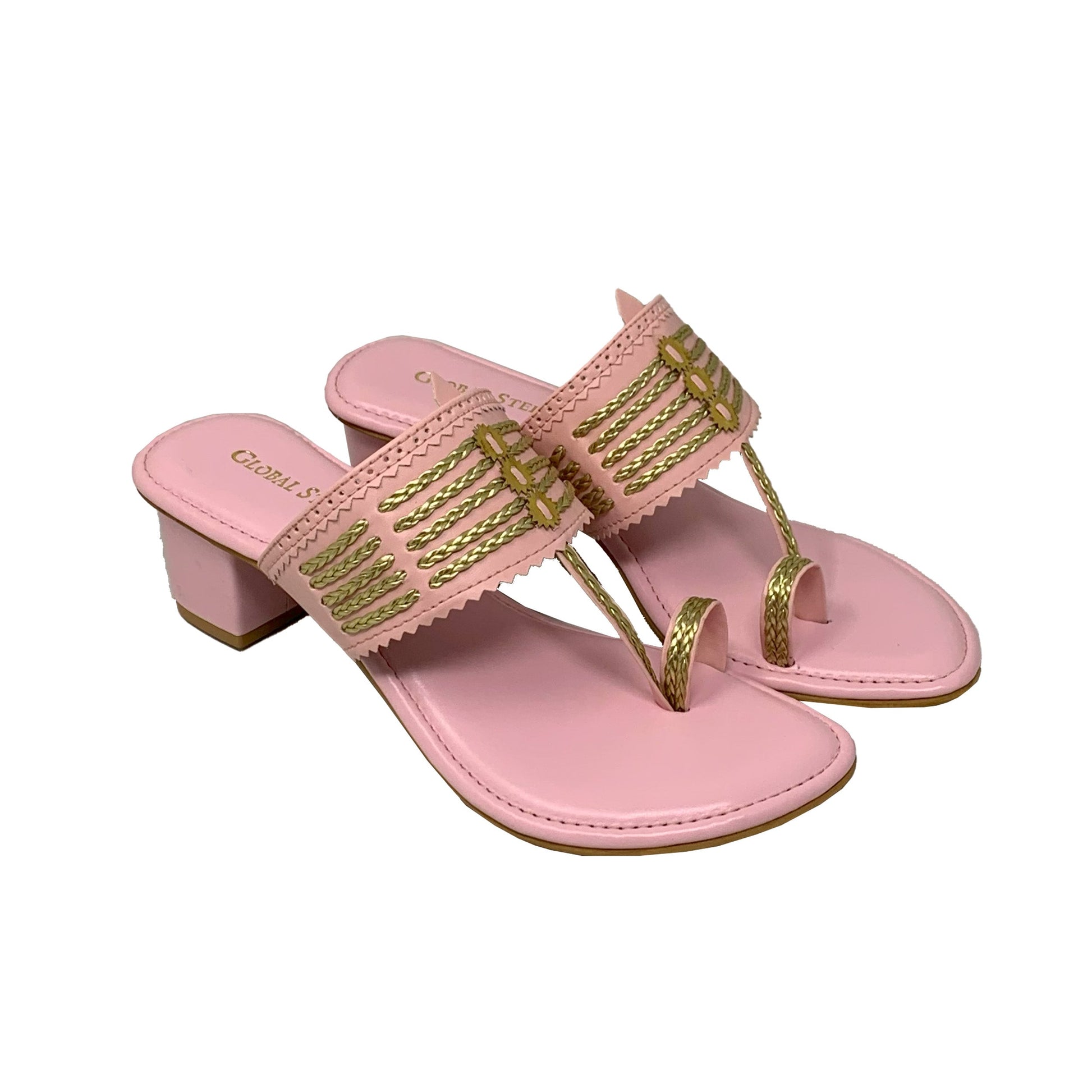 Blush Gold Kolhapuri Block Heels - GlobalStep - shoes - 36