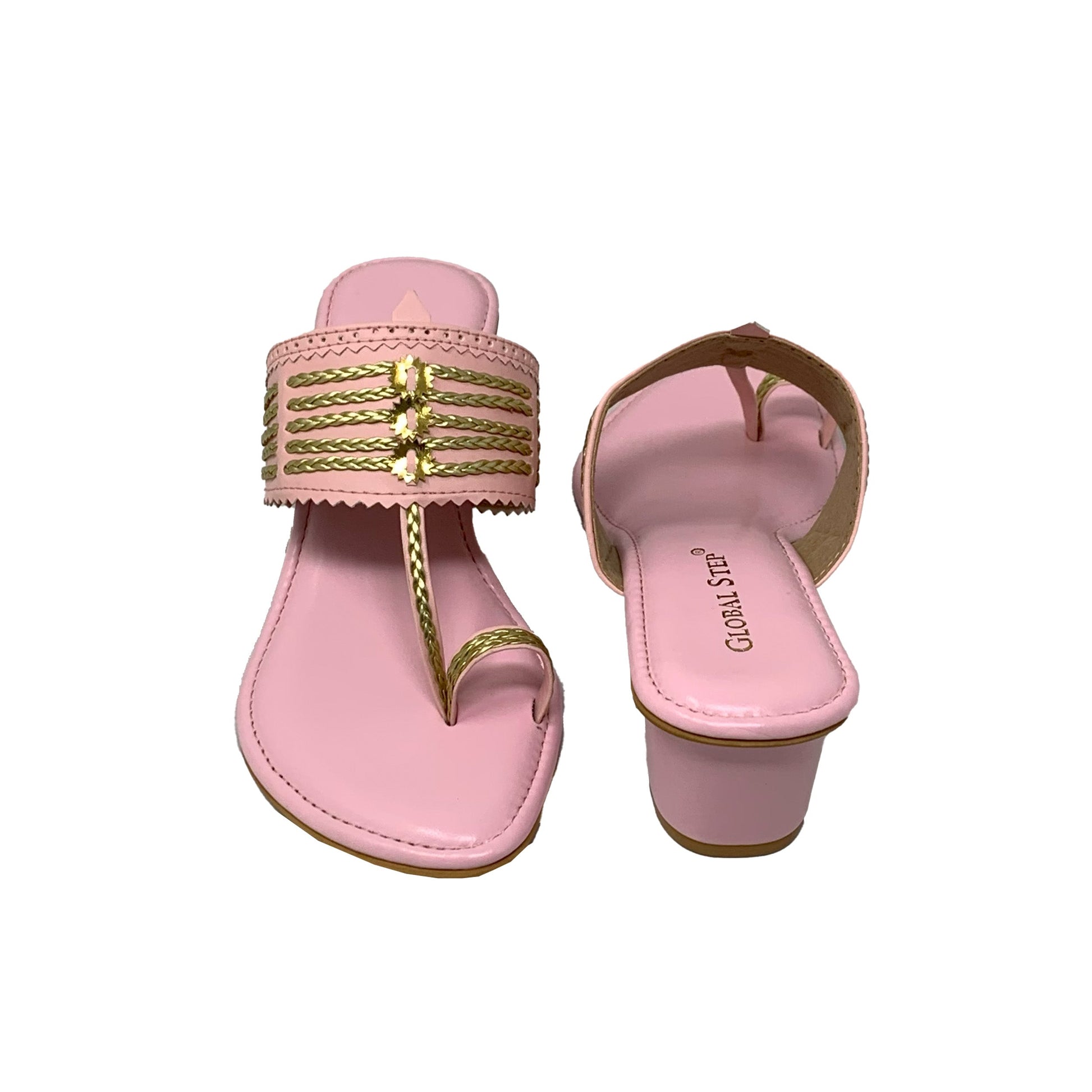 Blush Gold Kolhapuri Block Heels - GlobalStep - shoes - 36