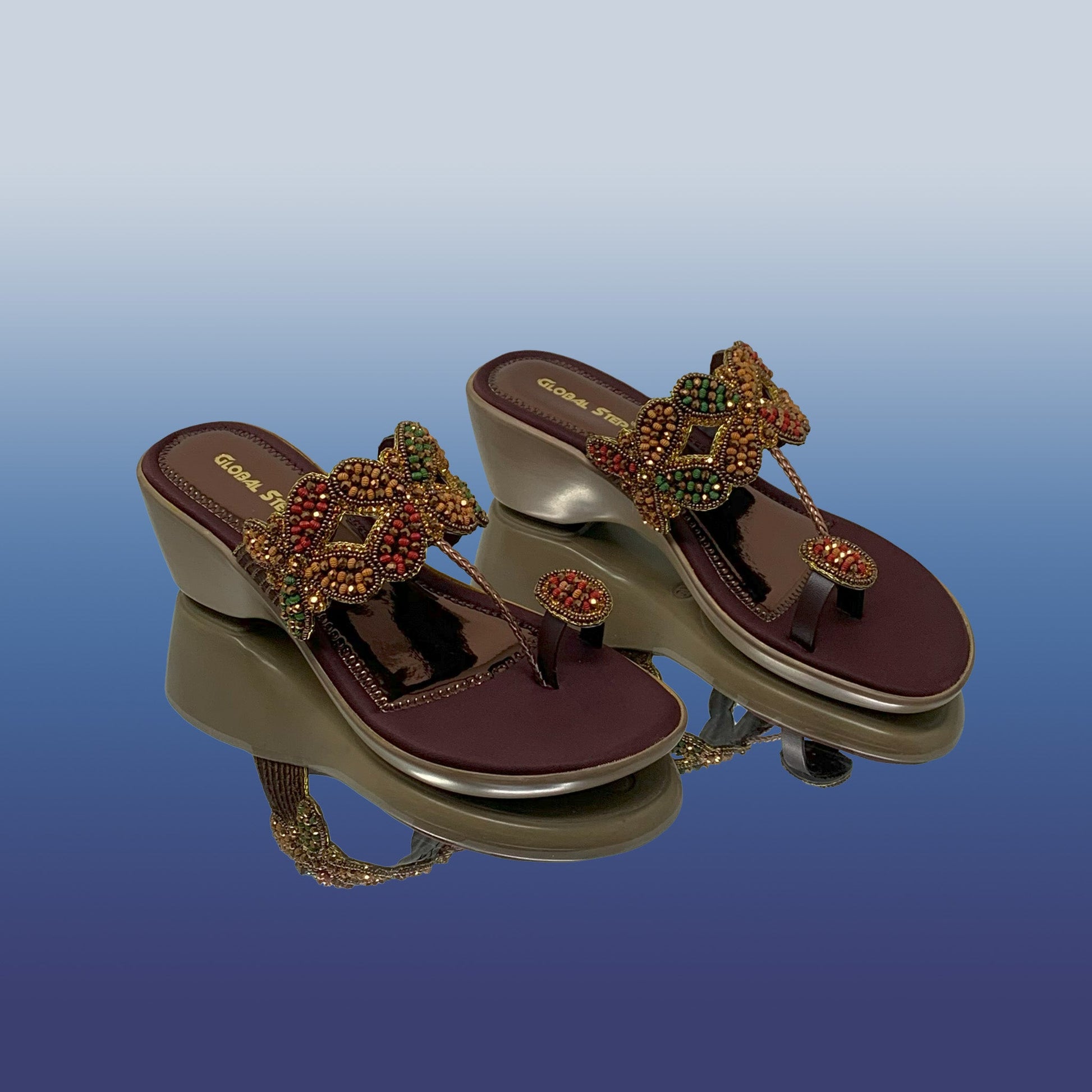 Brown Beaded Ethnic Wedges - GlobalStep - shoes - 36