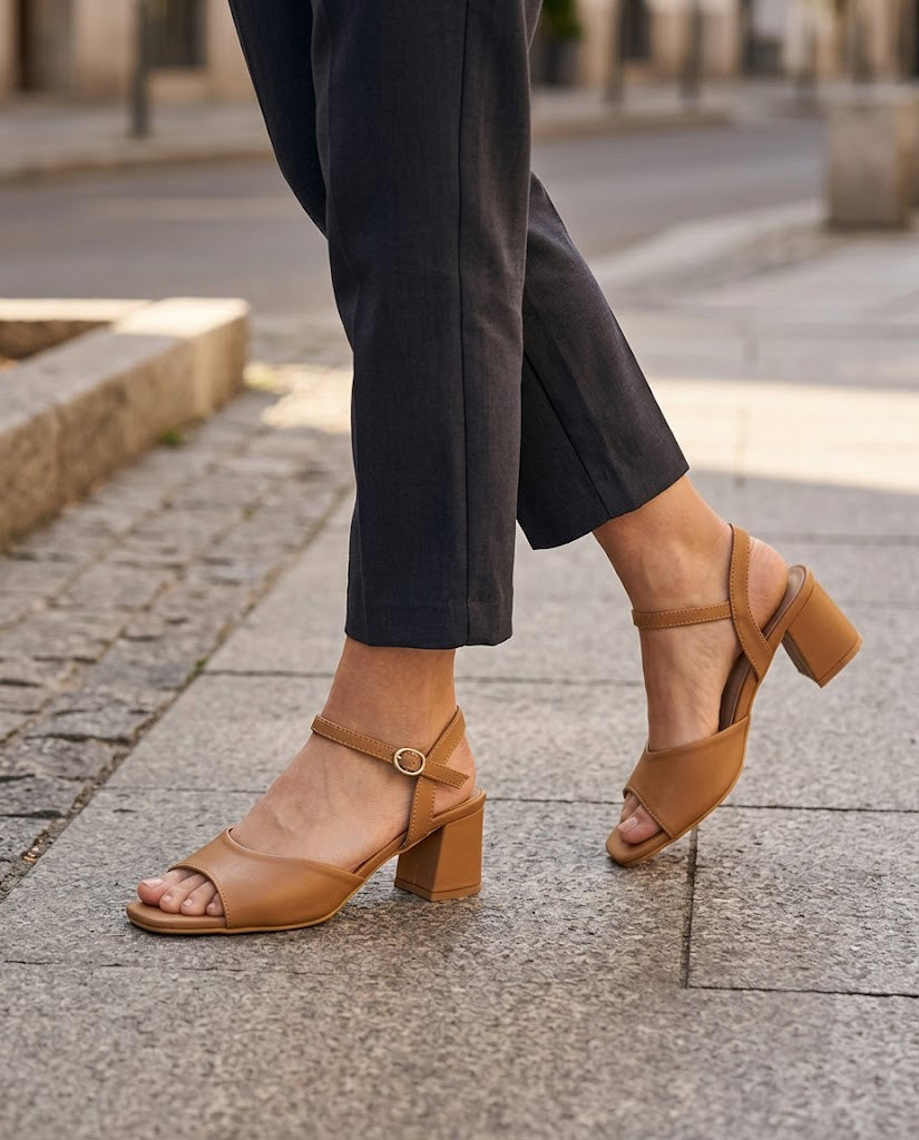Women's beige faux leather block-heel sandals with wide toe strap and ankle buckle, on-foot view