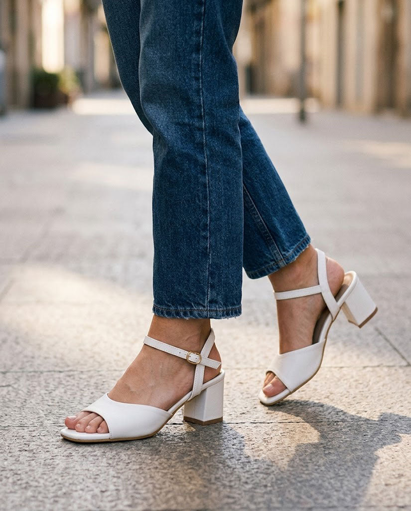 Women's white faux leather block-heel sandals with wide toe strap and ankle buckle, on-foot view