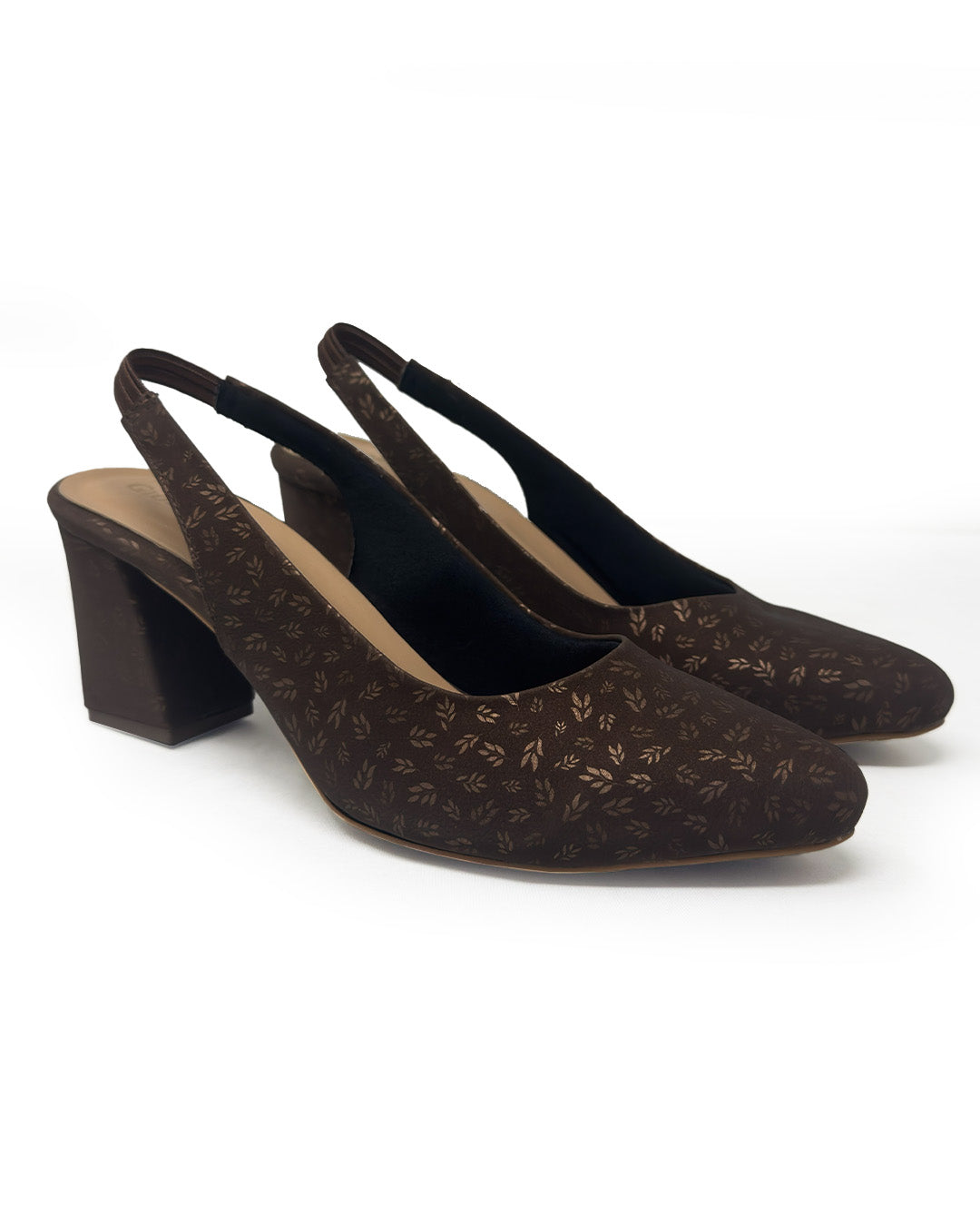 Women's antique brown pointed-toe slingback block heels with leaf-pattern texture, pair view