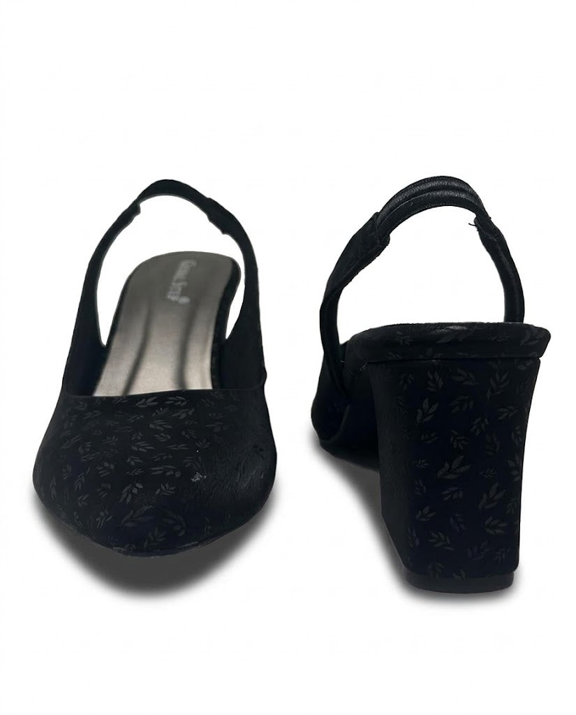 Women's black leaf-pattern slingback block heels, front and back view