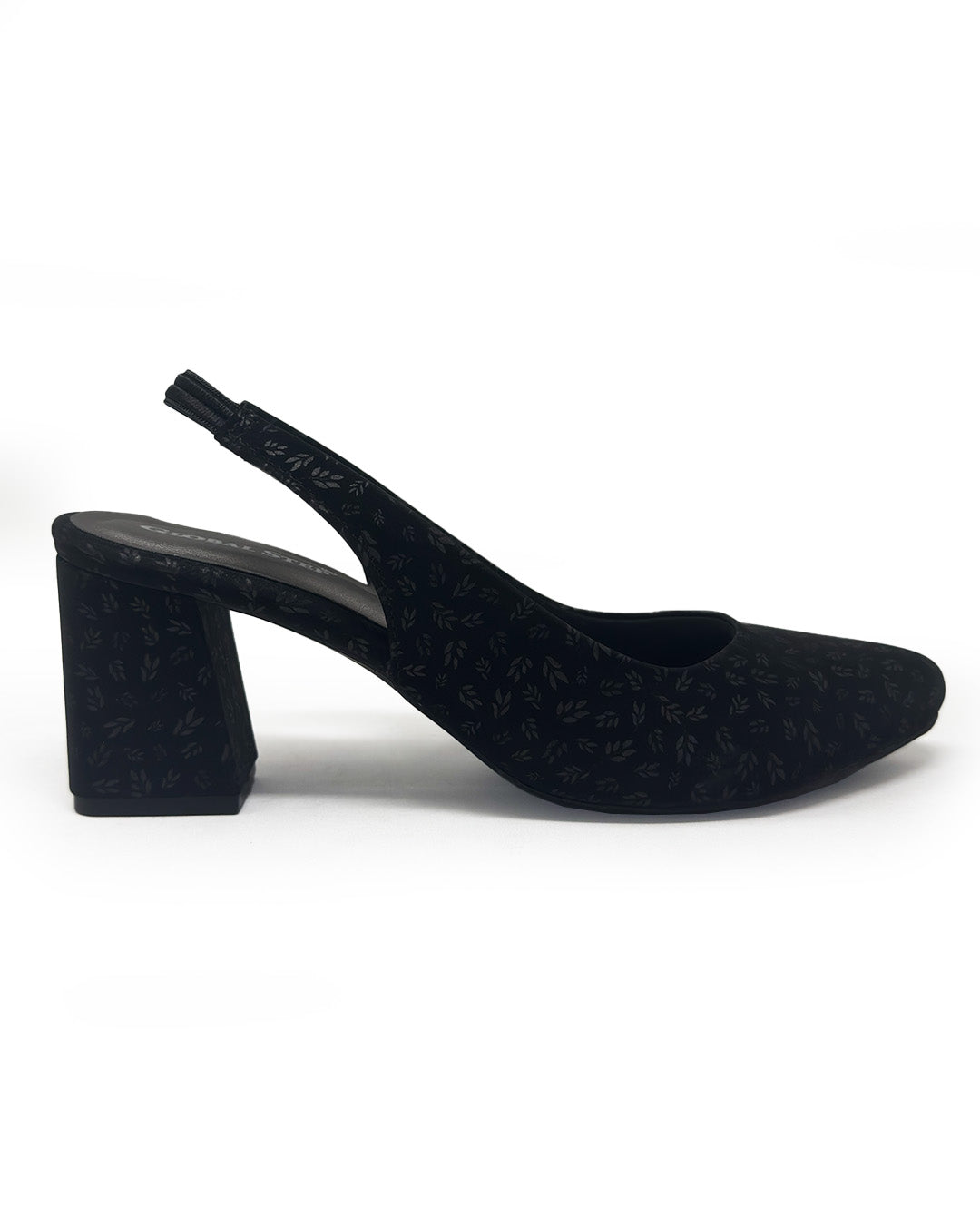 Women's black pointed-toe slingback with mid block heel, side view
