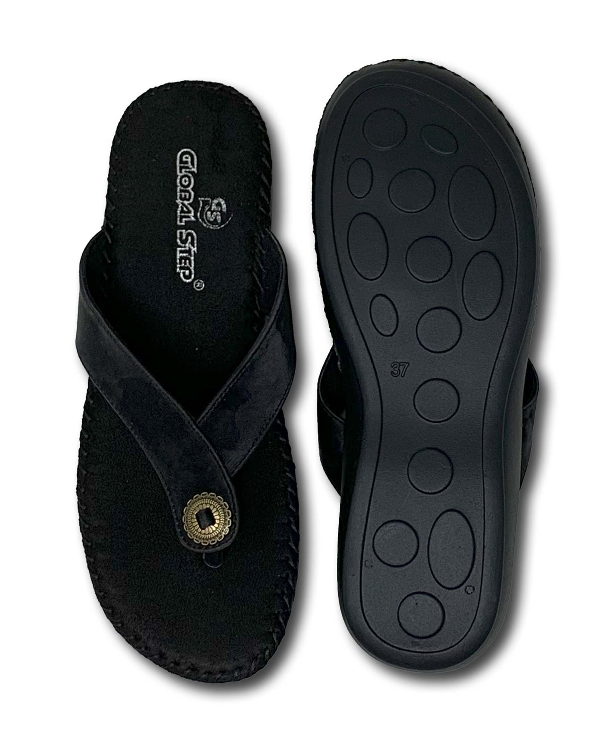 Women's black suede thong comfort flat with disc accent and textured sole, top and sole view