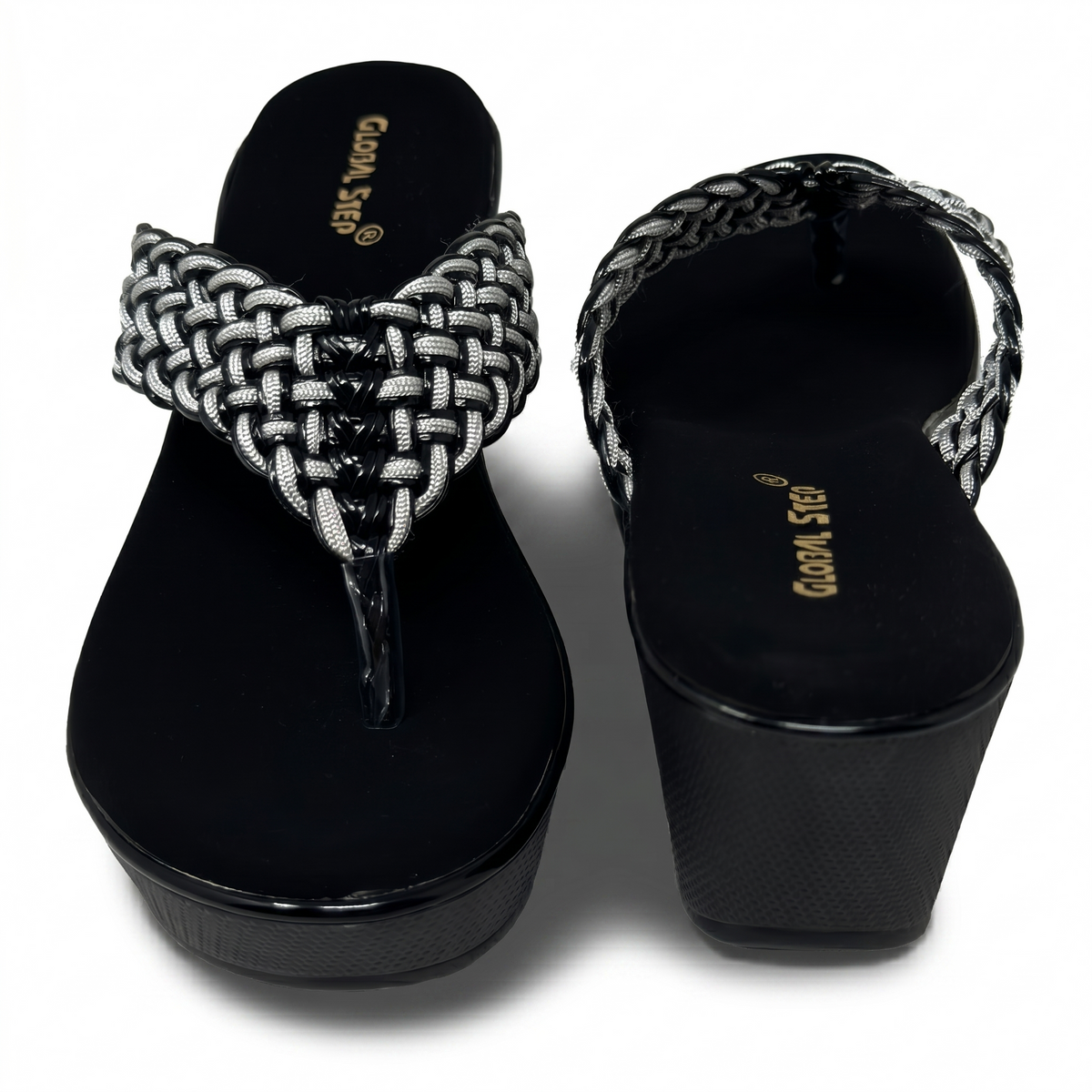 Women's grey woven fabric-knit thong platform wedges, front and back view