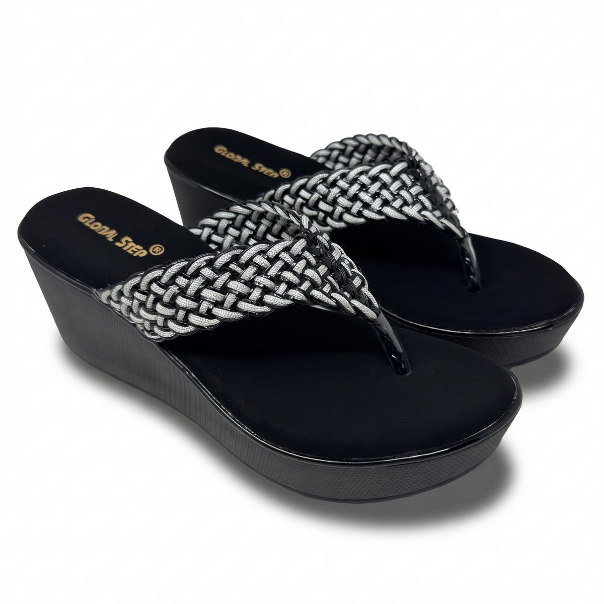 Women's grey and white woven fabric-knit thong platform wedges with black sole, pair view