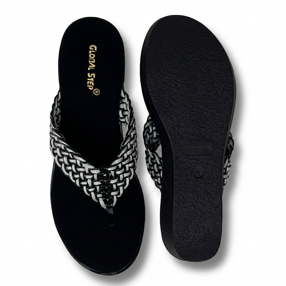 Women's grey woven fabric-knit thong platform wedge with textured sole, top and sole view