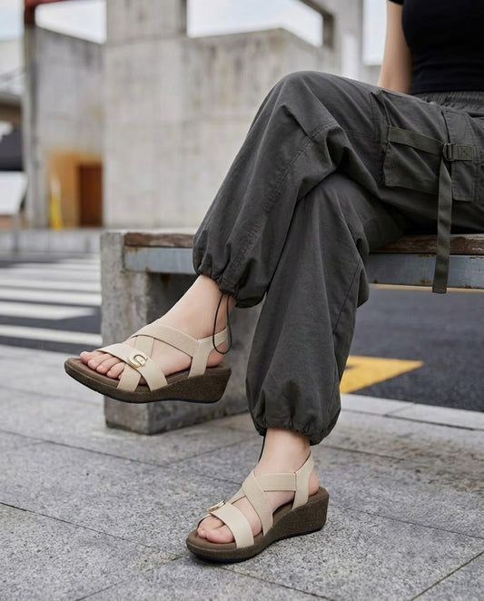 Women's beige crisscross strap wedge sandals with metal disc and elastic back strap, on-foot view