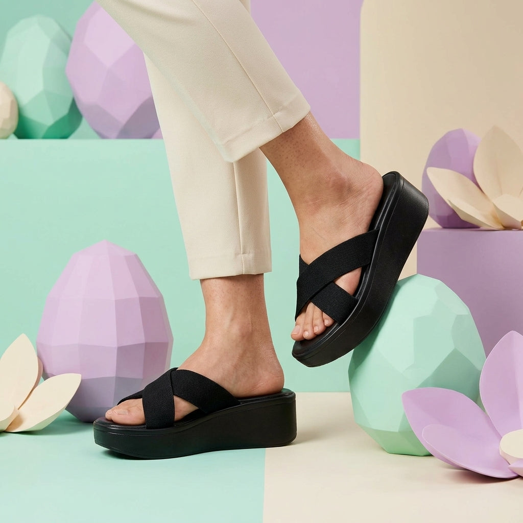 CrossEase Denim Platform Wedges